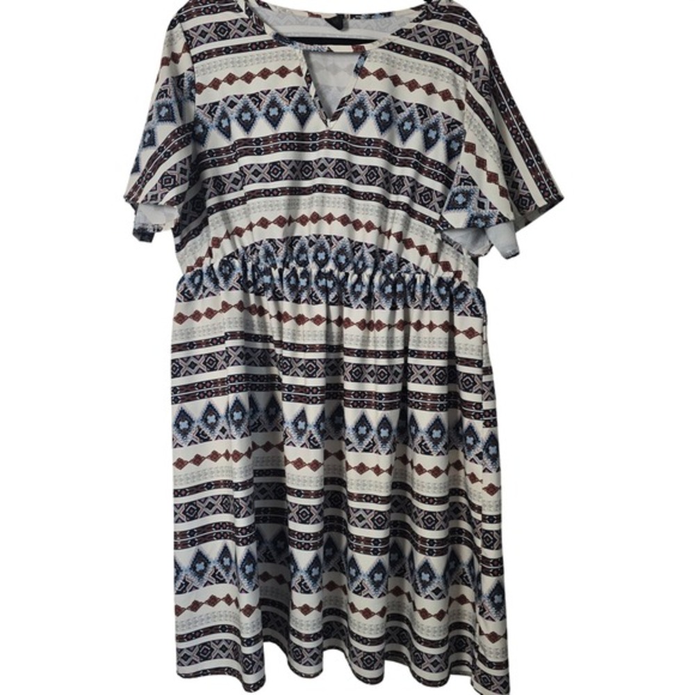 😀 SHEIN CURVE 2XL Southwestern Print V Neck Midi Dress Elastic Waist